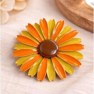 Vintage Orange & Yellow Enamel Daisy Flower Brooch Pin Mid Century Retro Jewelry